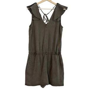 1.State Womens The Artist Olive Green Branch Romper Ruffle Flutter Sleeve Size M